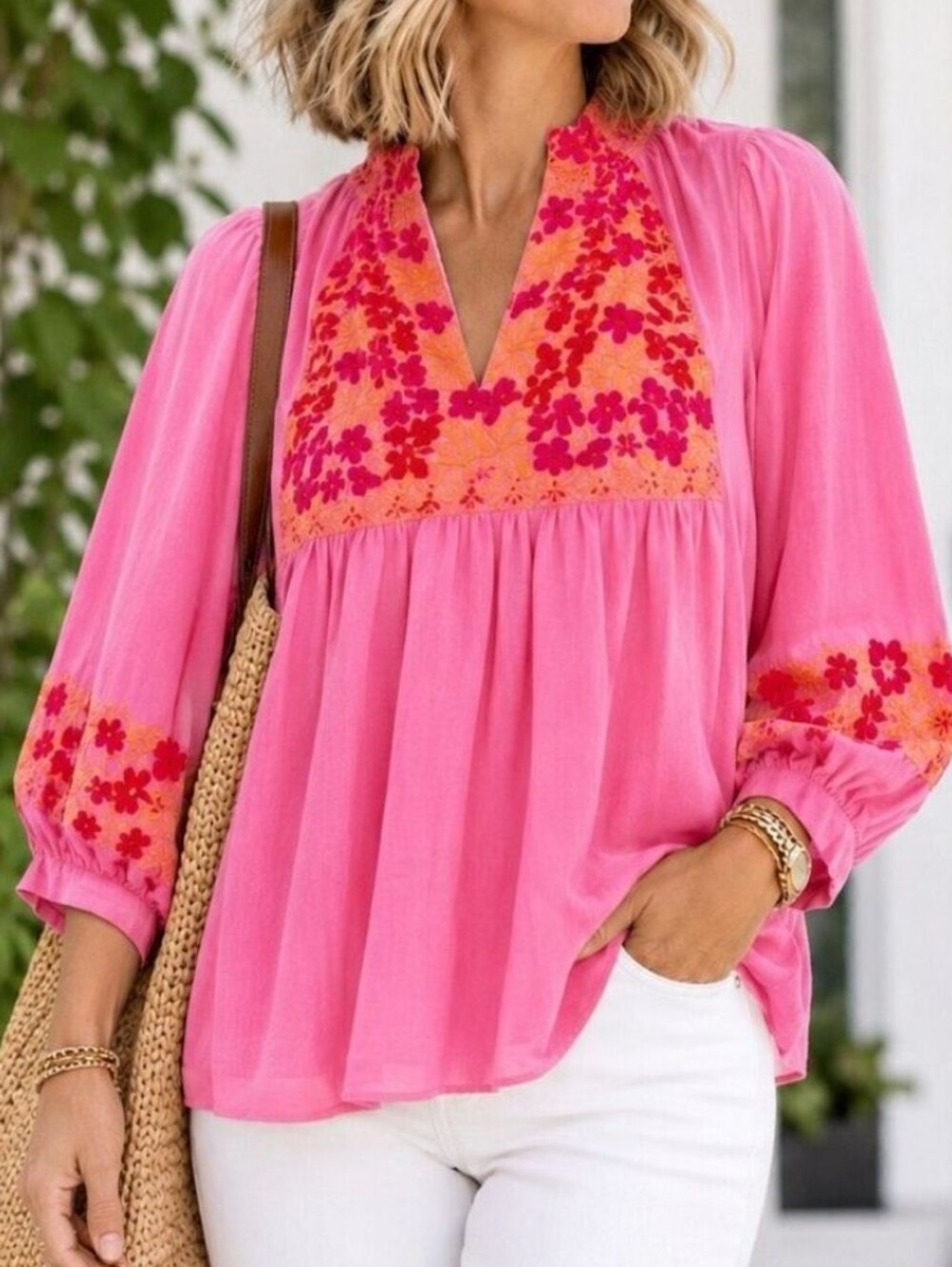 J. Marie Embroidered Tunic Top Size X Large Pink Blouson Sleeve